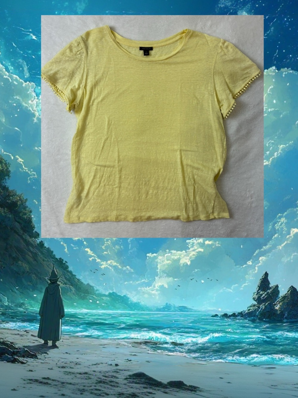 Lightweight Yellow Women's Tee with Pom Sleeve Trim 100% Linen